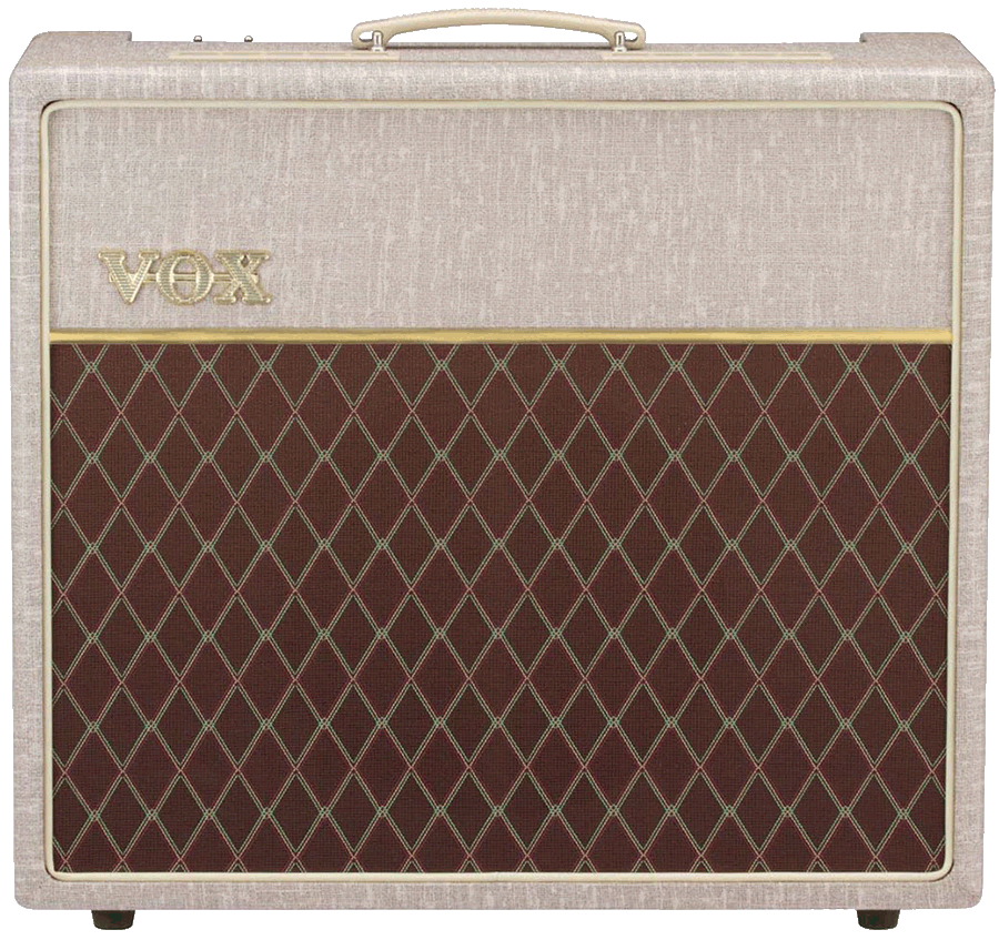 front view of grey and brown VOX amplifier