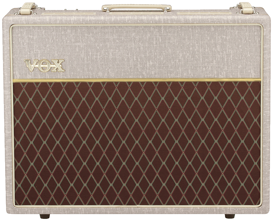 front view of white and brown VOX amplifier