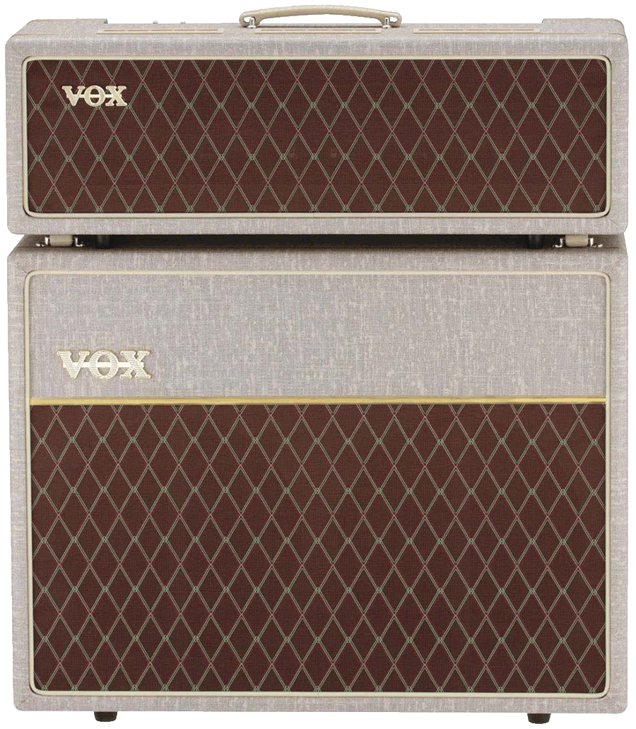 front view of grey and brown VOX cabinet