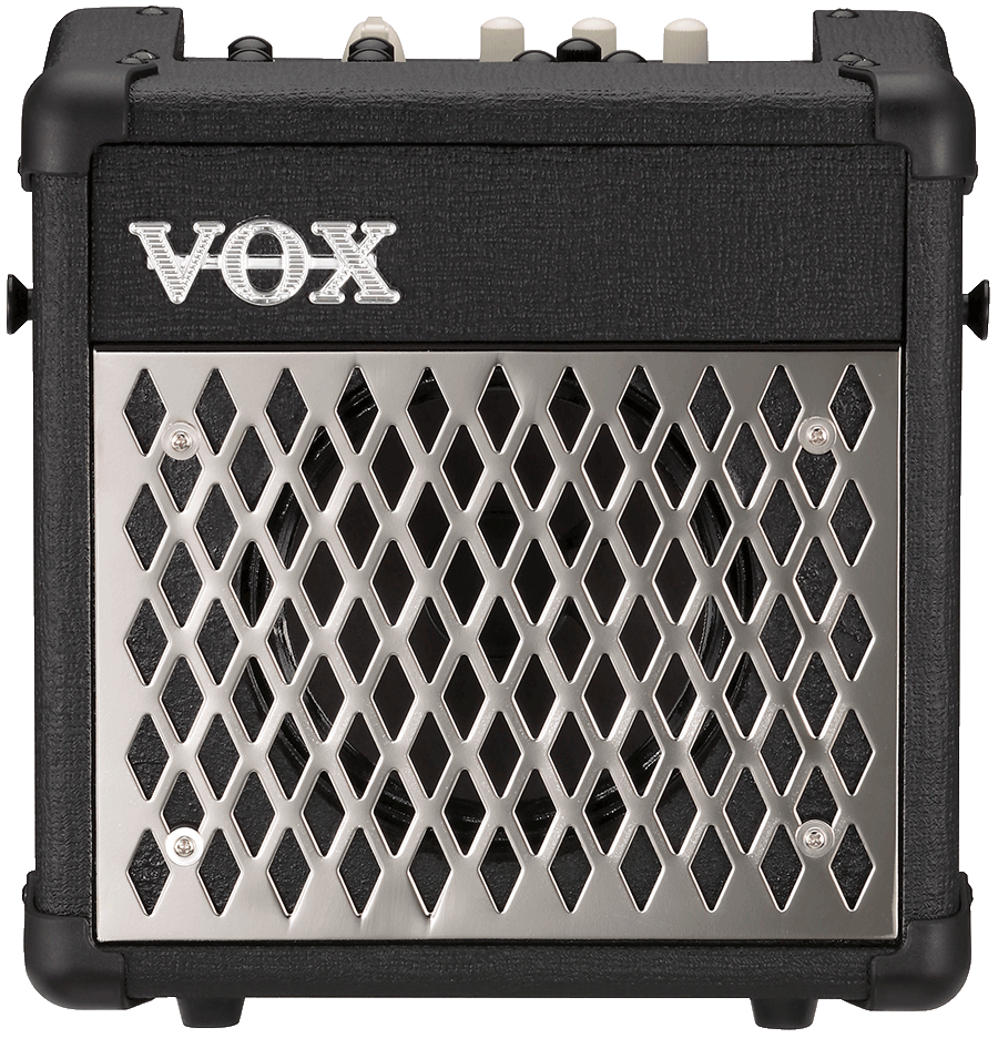 front view of black and silver VOX mini amplifier