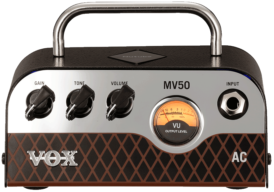 front view of silver, brown, and black VOX mini amplifier head