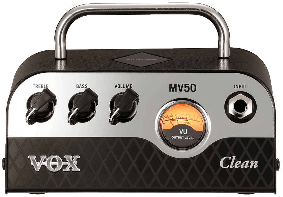 front view of black and silver VOX mini amplifier head