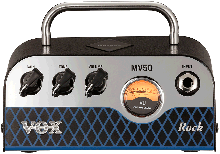 front view of white, black, and blue VOX amplifier head