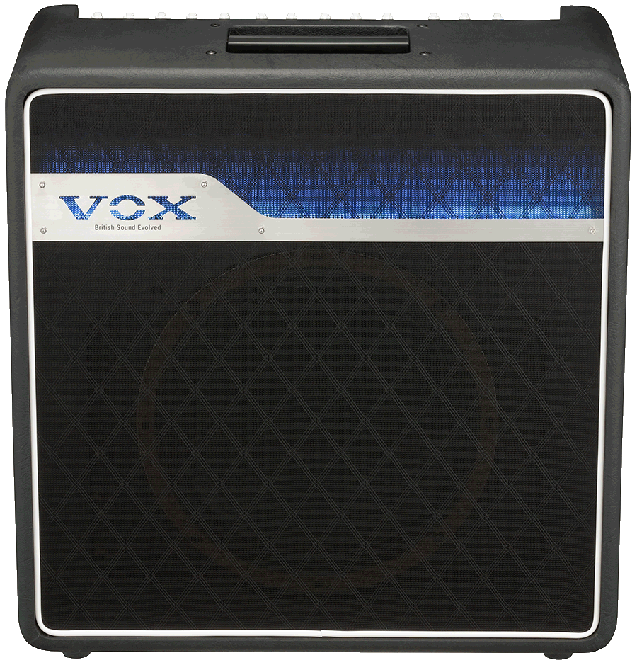 front view of black and blue VOX amplifier