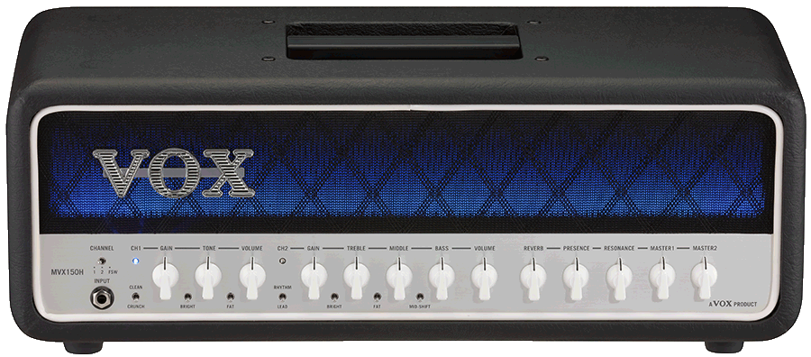 front view of black, blue, and white VOX amplifier head