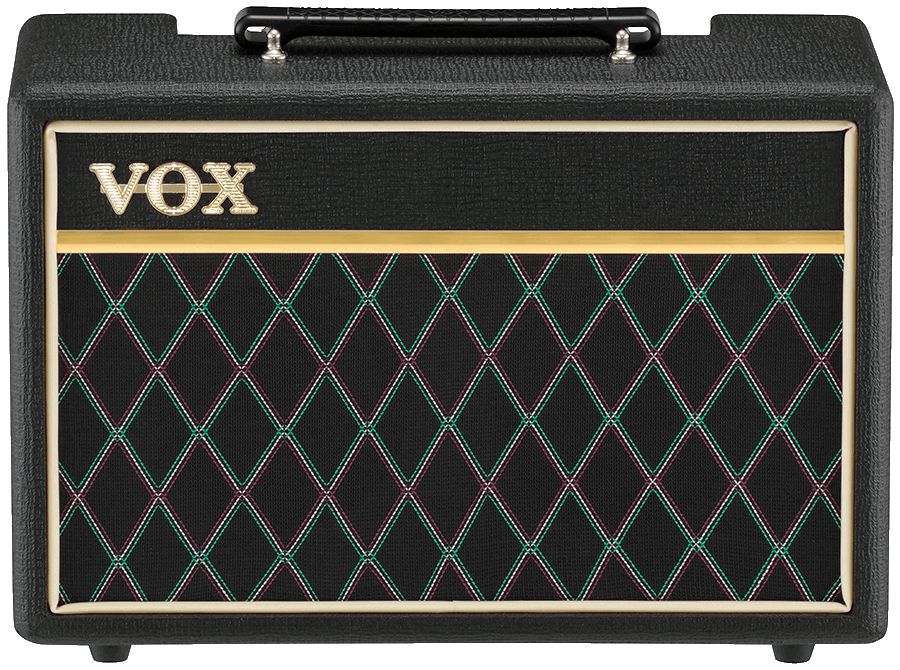 front view of black and cream VOX amplifier