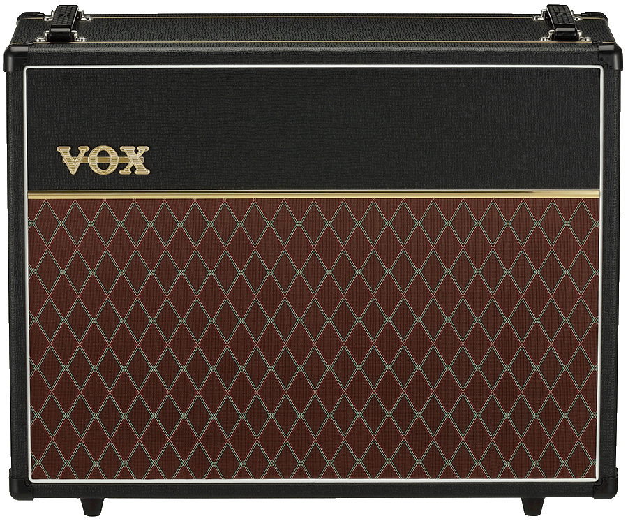 front view of red, black, and cream VOX amplifier