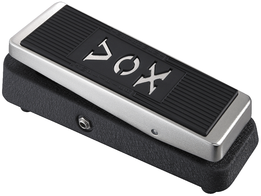 closeup of black and silver VOX wah pedal
