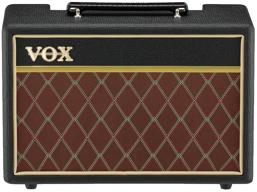 front view of red, black, and cream VOX amplifier