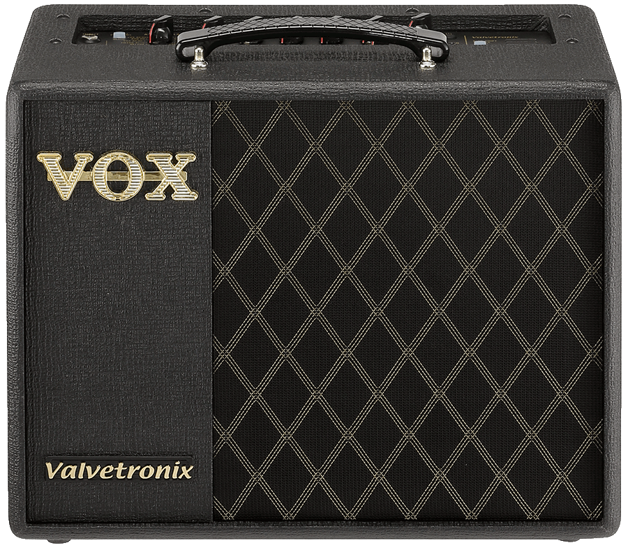 front view of black and cream-colored VOX amplifier