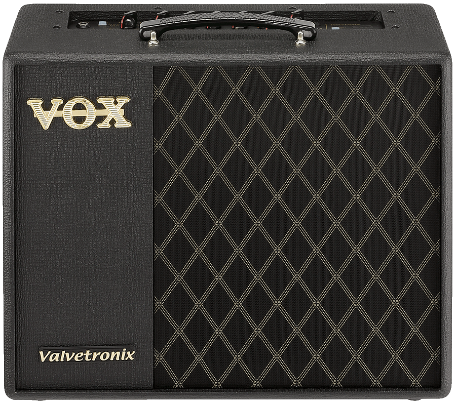 front view of black and cream-colored VOX amplifier