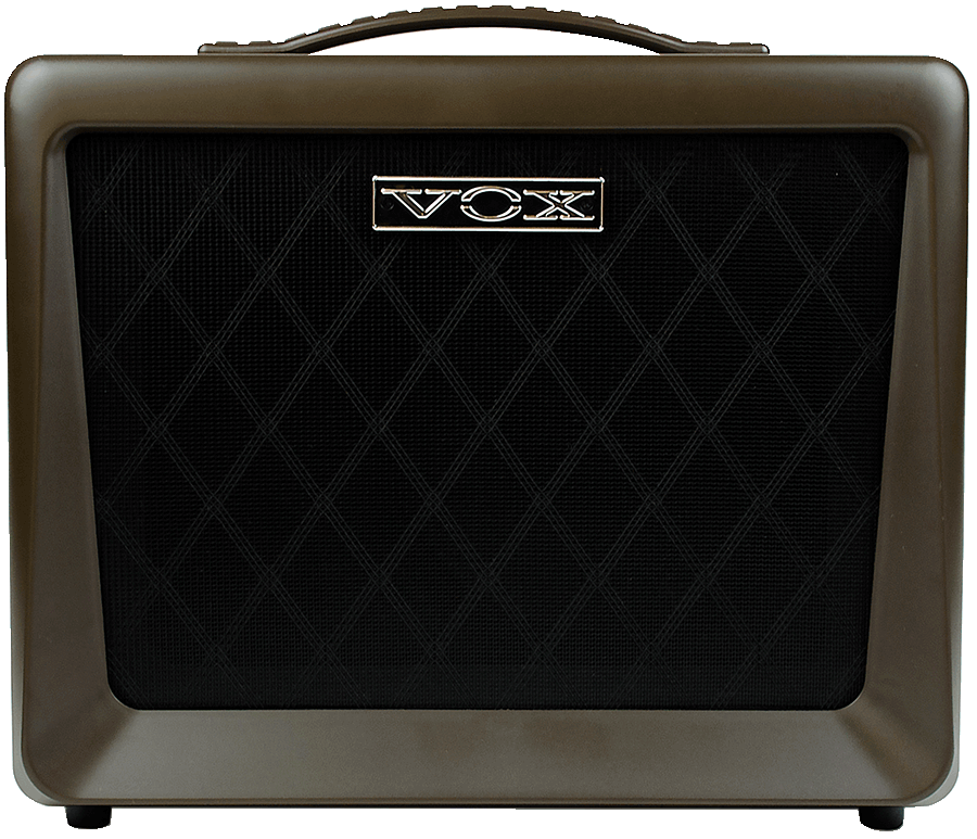 front view of brown and black VOX amplifier