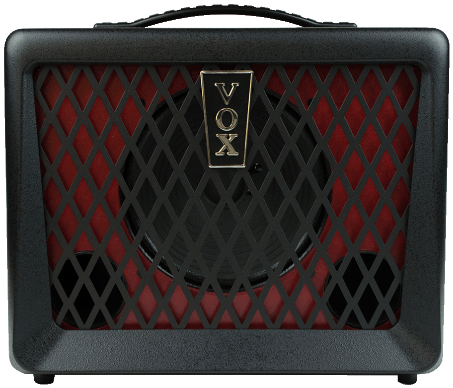 front view of red and black VOX amplifier