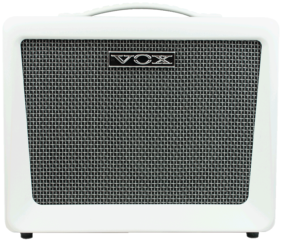 front view of white VOX amplifier