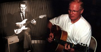 old picture of artist, Vic Flick, beside current picture of him playing accoustic guitar