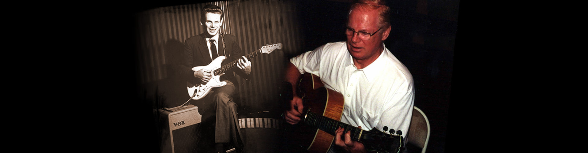 old picture of artist, Vic Flick, beside current picture of him playing accoustic guitar
