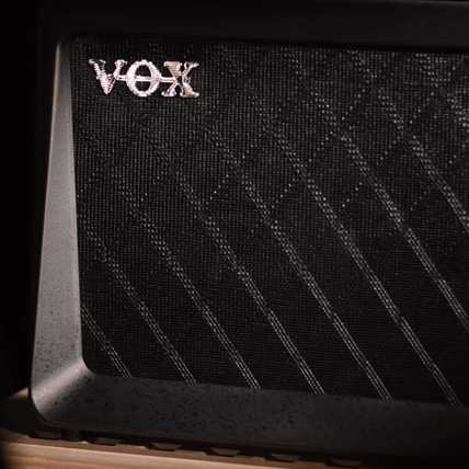 Closeup of VOX logo on VOX amplifier