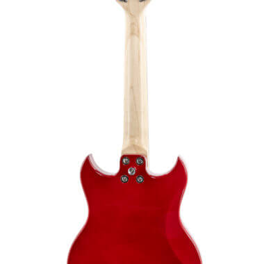 back of red VOX mini electric guitar
