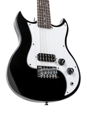 closeup of body of black VOX mini electric guitar