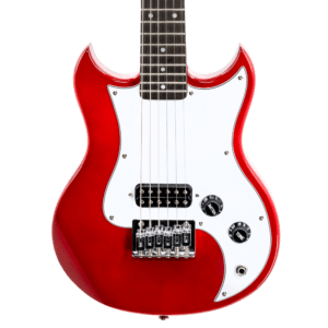closeup of body of red VOX mini electric guitar
