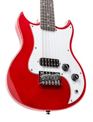 closeup of body of red VOX mini electric guitar