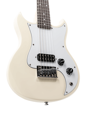 closeup of body of white VOX mini electric guitar