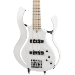 closeup of body of white VOX electric guitar