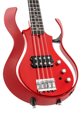 closeup of body of red VOX electric guitar