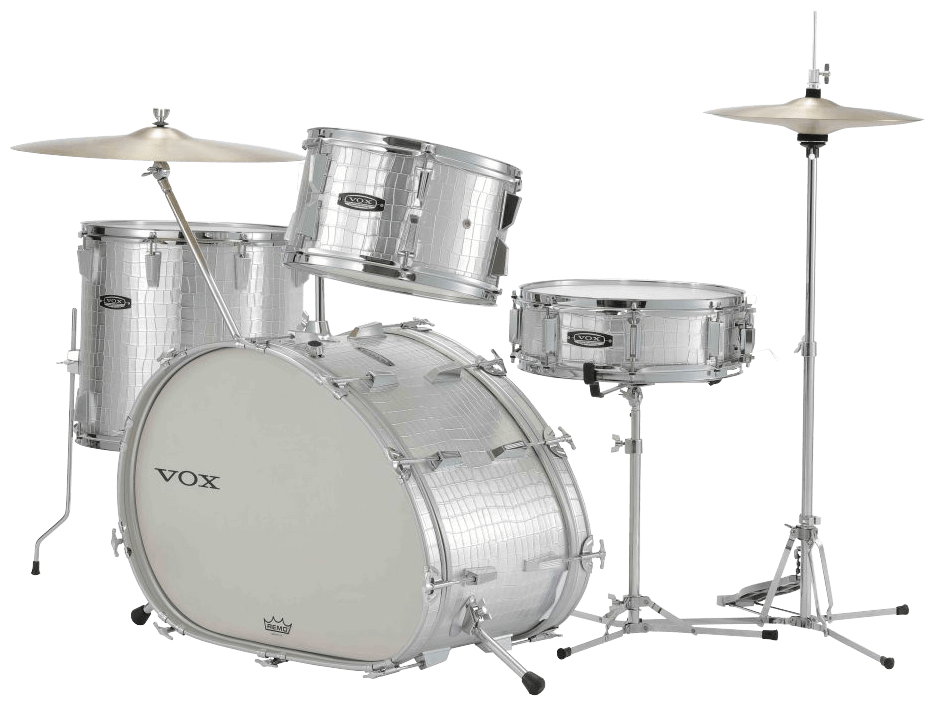 Silver and white VOX Telstar drum kit, angled to the left
