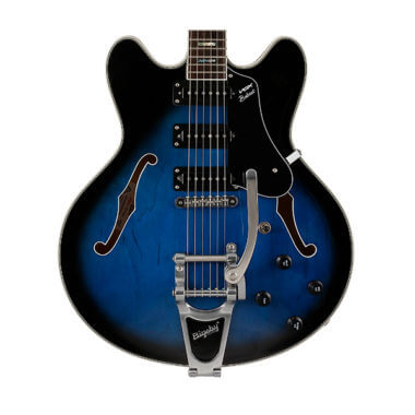 body of black and blue electric guitar