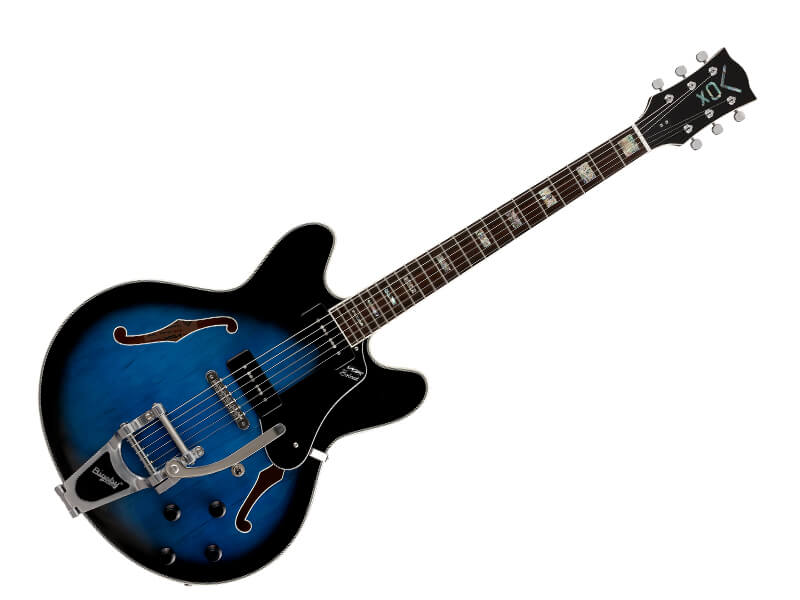 blue and black electric guitar