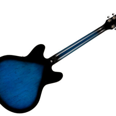 back of blue and black electric guitar