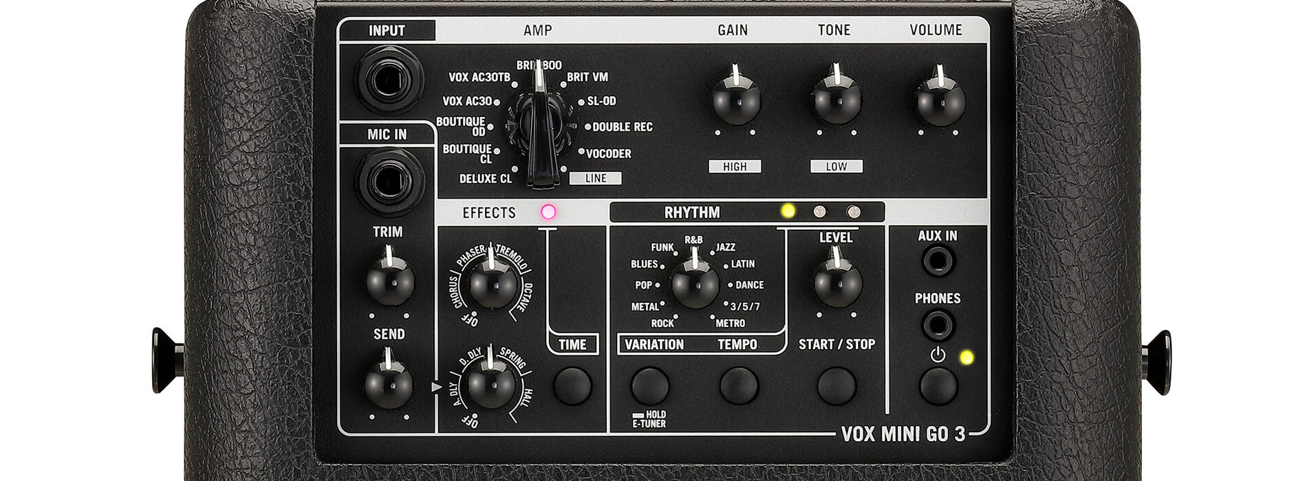 top control panel of Vox Mini Go3 guitar amp