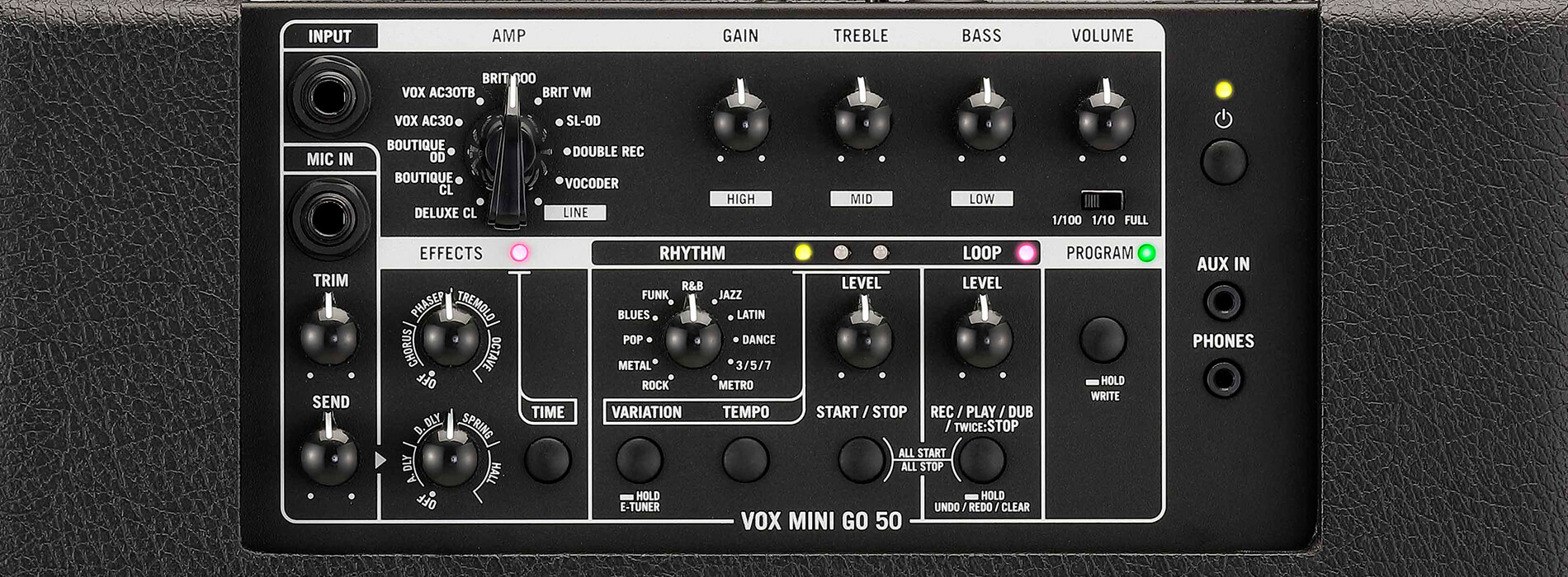 top control panel of Vox Mini Go50 guitar amp