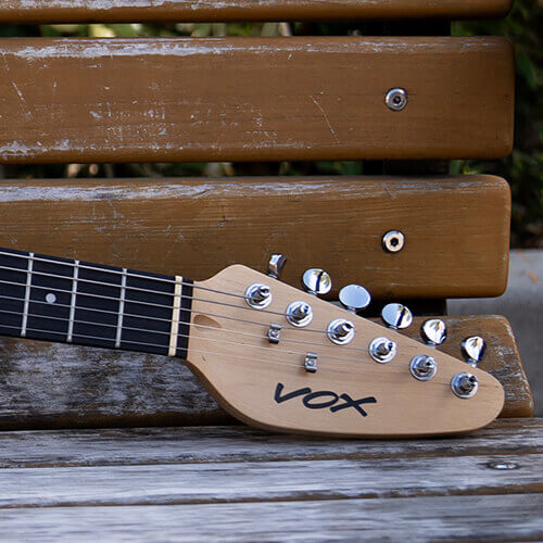 Vox Mark V Mini Guitar headstock close up.