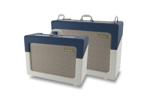two blue and white VOX amplifiers