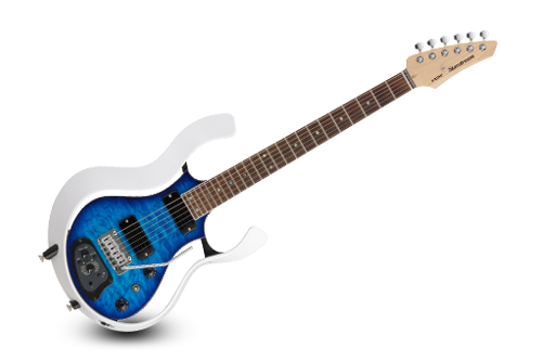blue and white VOX electric guitar