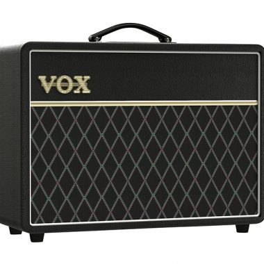 angled front view of black VOX amplifier
