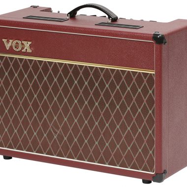angled view of red anf bornw VOX amplifier