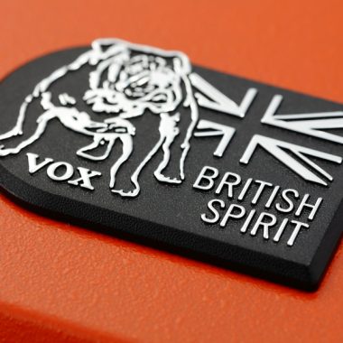 closeup of VOX British Spirit label on orange keyboard