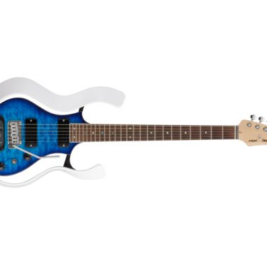 white and blue VOX electric guitar