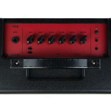 top view of black and red VOX amplifier